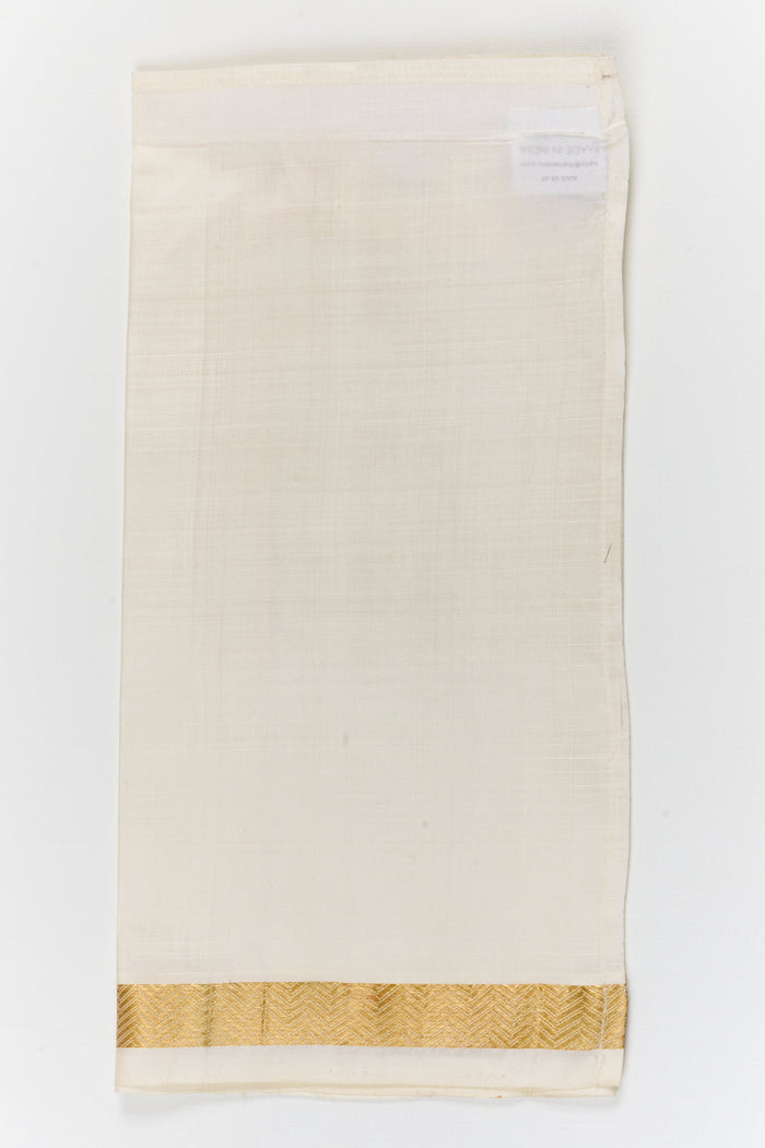 The Nesavu Boys Vesti Classic Boys Vesti for Temple Visits and Cultural Ceremonies Nesavu 14 (6M) / White / Silk D056B-14 Nesavu boys classic silk vesti with chevron zari border – perfect for temple visits and rituals