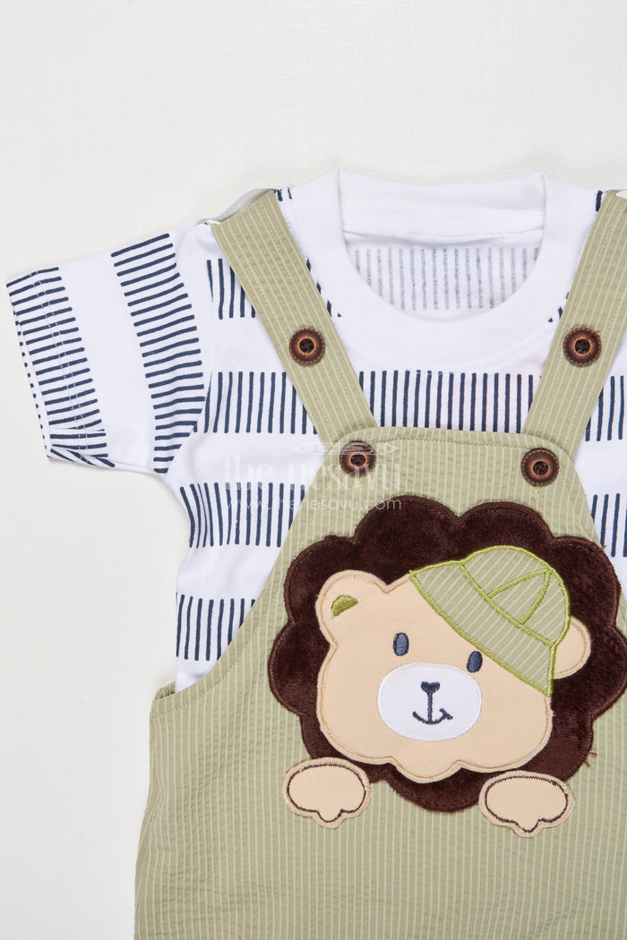 The Nesavu Baby Dungarees Cotton Baby Dungaree Set with Animal Embroidery for Playful Dressing Nesavu Nesavu baby dungaree set bear embroidery striped tee  made comfort daily cuteness