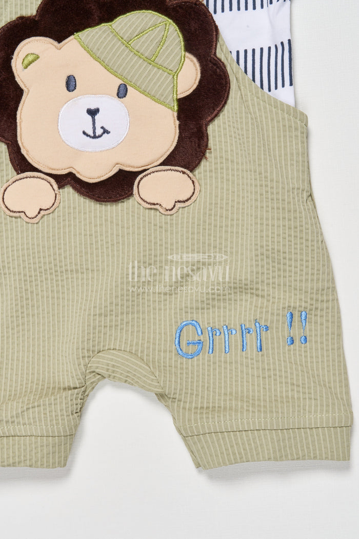 The Nesavu Baby Dungarees Cotton Baby Dungaree Set with Animal Embroidery for Playful Dressing Nesavu Nesavu baby dungaree set bear embroidery striped tee  made comfort daily cuteness