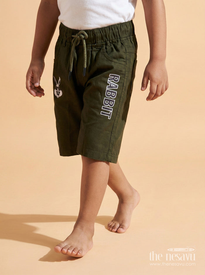 The Nesavu Boys Shorts Cotton Boys Shorts with Cartoon Print and Bold Text Design Nesavu 14 (6M) / Green / Cotton BWS066J-14 Boys cotton shorts with rabbit print, elastic waist, and side pockets