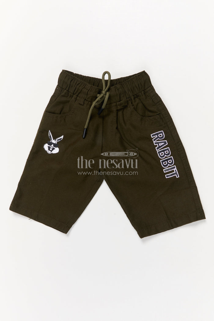 The Nesavu Boys Shorts Cotton Boys Shorts with Cartoon Print and Bold Text Design Nesavu 14 (6M) / Green / Cotton BWS066J-14 Boys cotton shorts with rabbit print, elastic waist, and side pockets