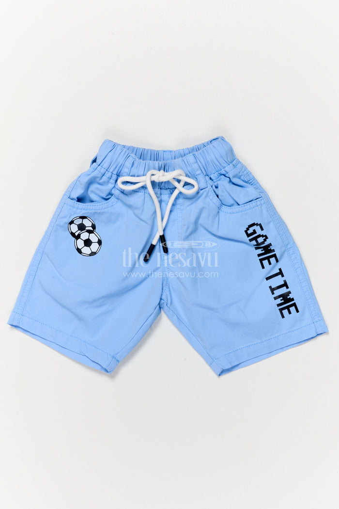 The Nesavu Boys Shorts Cotton Boys Shorts with Game Time Print and Football Patch Nesavu 14 (6M) / Blue / Cotton BWS068D-14 Sporty cotton boys shorts with football patch and GAME TIME print