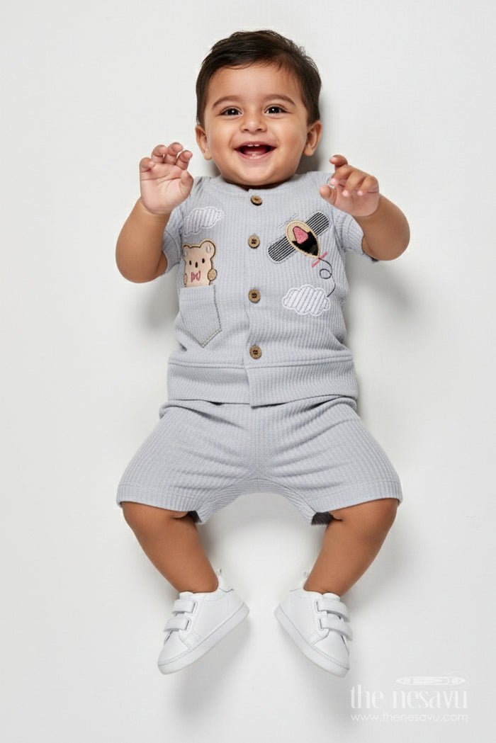 The Nesavu Boys Casual Set Cotton Co-ord Set for Boys to Wear During Play, Outings, or Lounging Nesavu 14 (6M) / Gray BCS528B-14 Nesavu boys cotton co-ord set short sleeve shirt pants play casual wear