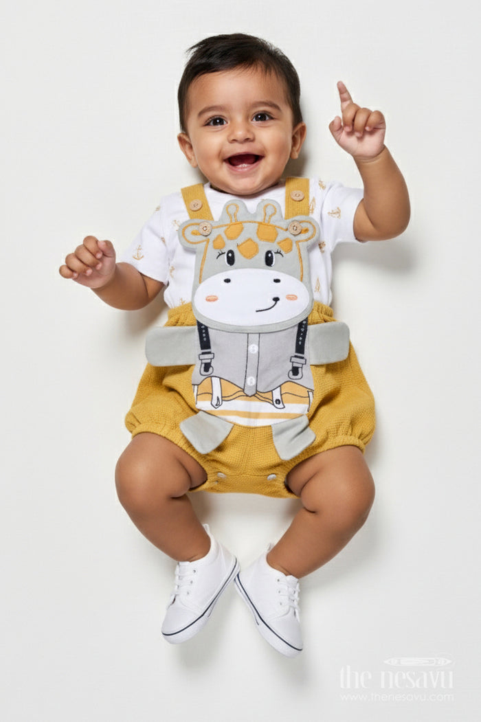 The Nesavu Baby Dungarees Cotton Dungaree Set for Babies to Wear at Playdates and Casual Outings Nesavu 14 (6M) / Yellow BCS532B-14 Nesavu baby dungaree set cotton printed tee playdates everyday adventures