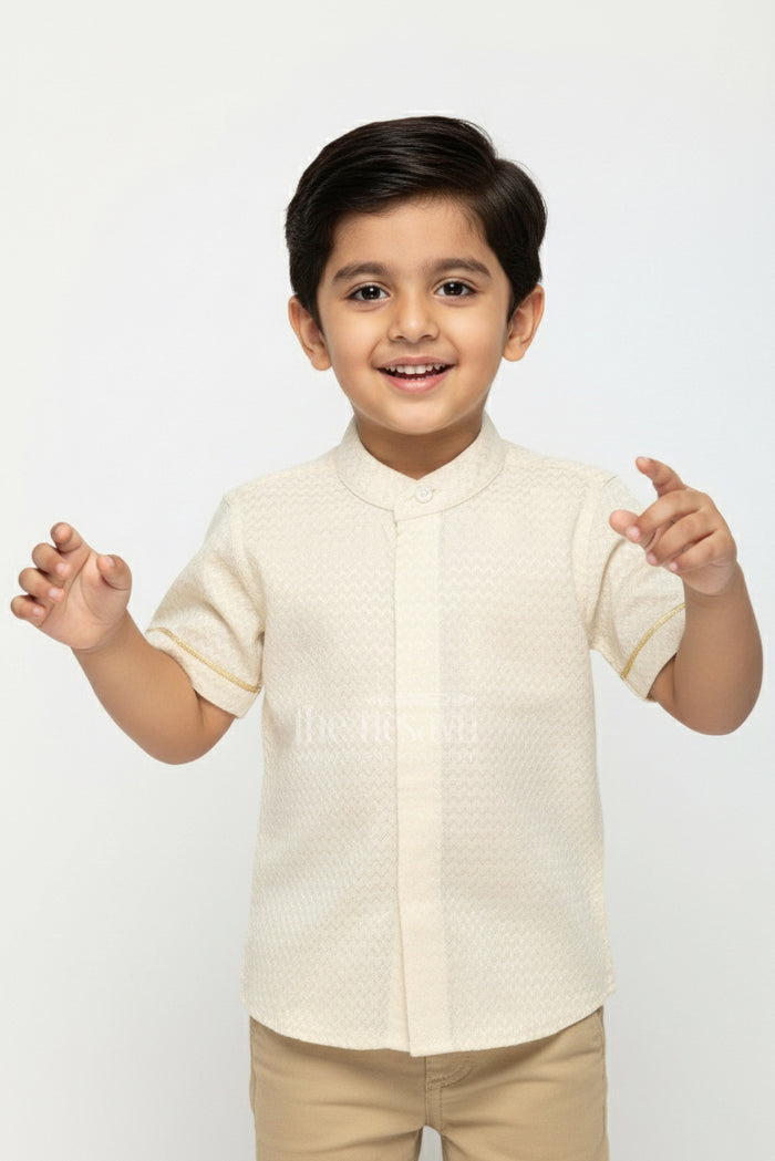 The Nesavu Boys Silk Shirt Cotton Festive Shirt for Boys in Gold Silk Blend with Mandarin Collar and Subtle Pattern Detail Nesavu 16 (1Y) / Cream BS294A-16 Nesavu Boys Cotton Festive Shirt Silk Blend Mandarin Collar Subtle Woven Design