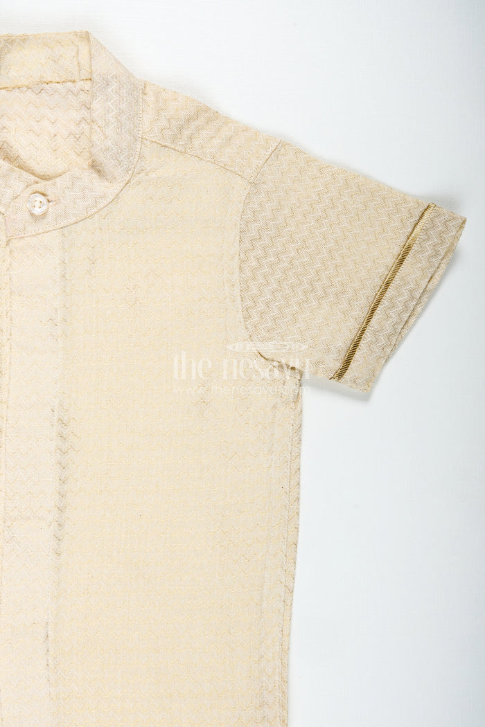 The Nesavu Boys Silk Shirt Cotton Festive Shirt for Boys in Gold Silk Blend with Mandarin Collar and Subtle Pattern Detail Nesavu Nesavu Boys Cotton Festive Shirt Silk Blend Mandarin Collar Subtle Woven Design