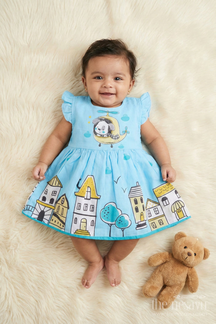 The Nesavu Baby Cotton Frocks Cotton Frock for Baby Girls with Cartoon Helicopter and Town Print Nesavu 14 (6M) / Blue BFJ897A-14 Nesavu baby girl cotton frock with cartoon town and helicopter digital print
