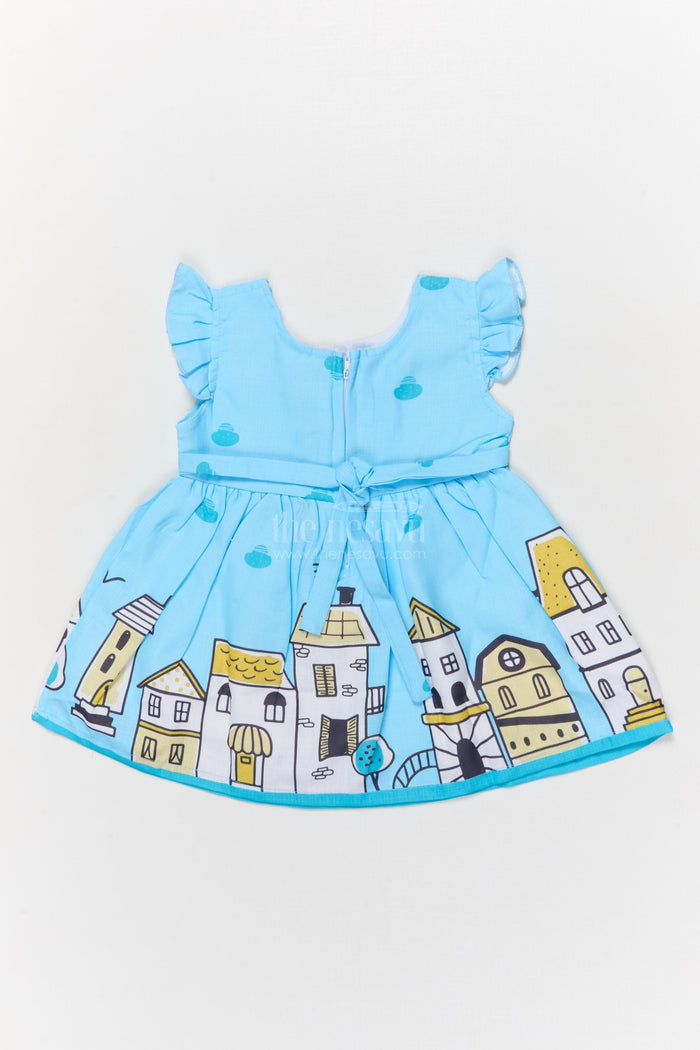 The Nesavu Baby Cotton Frocks Cotton Frock for Baby Girls with Cartoon Helicopter and Town Print Nesavu Nesavu baby girl cotton frock with cartoon town and helicopter digital print