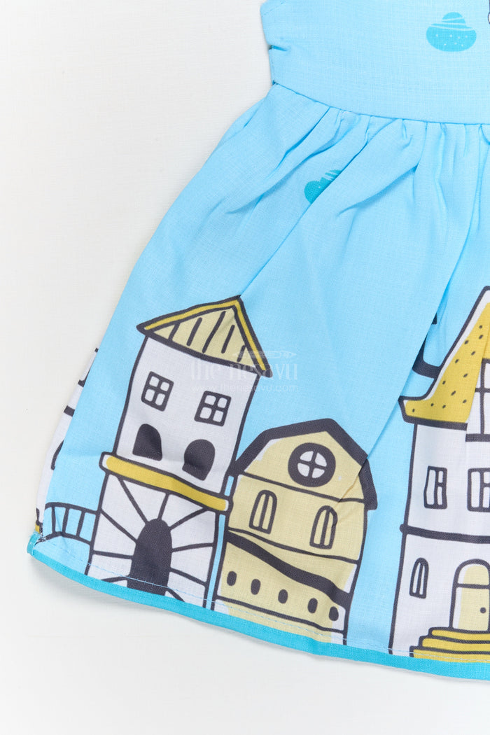 The Nesavu Baby Cotton Frocks Cotton Frock for Baby Girls with Cartoon Helicopter and Town Print Nesavu Nesavu baby girl cotton frock with cartoon town and helicopter digital print