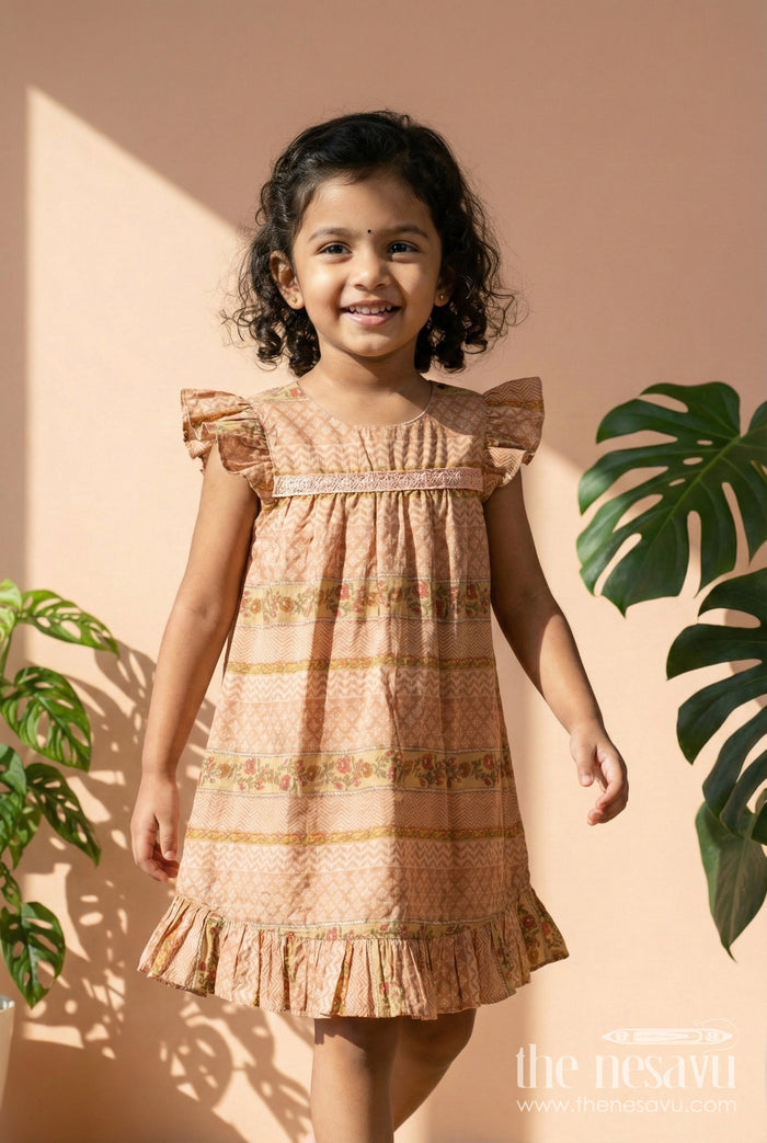 The Nesavu Girls Cotton Frock Cotton Frock for Toddler Girls for Casual Celebrations and Family Get-togethers Nesavu 18 (2Y) / Brown / Modal GFC2082B-18 Nesavu cotton frock with traditional print and lace for toddler girls' festive casual wear