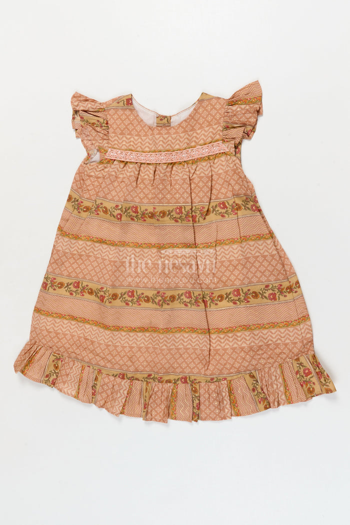 The Nesavu Girls Cotton Frock Cotton Frock for Toddler Girls for Casual Celebrations and Family Get-togethers Nesavu 18 (2Y) / Brown / Modal GFC2082B-18 Nesavu cotton frock with traditional print and lace for toddler girls' festive casual wear