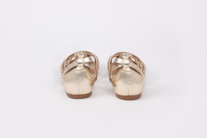 Back view of Gold Daisy sandal. Stylish womens footwear available in larger womens sizes 42-46