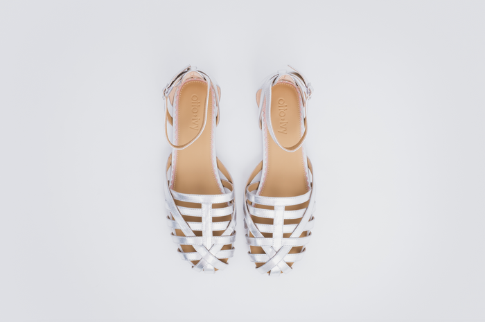 Aerial view of Daisy sandal in Silver. A womens flat leather sandal available in larger UK sizes 8-12