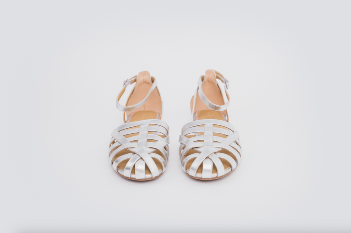 Front veiw of Daisy sandal in silver. Womens footwear available in larger sizes 42-46. Standard and wide fit.