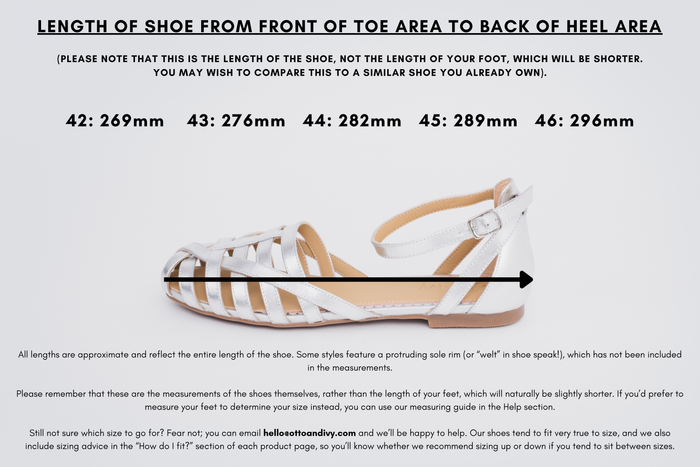 Measurement diagram displaying lengths of womens large size shoes in sizes 42,43,44,45 and 46.
