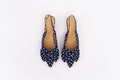 Aerial shot of womens navy polka dot bow slingback kitten teen in larger sizes 8-12