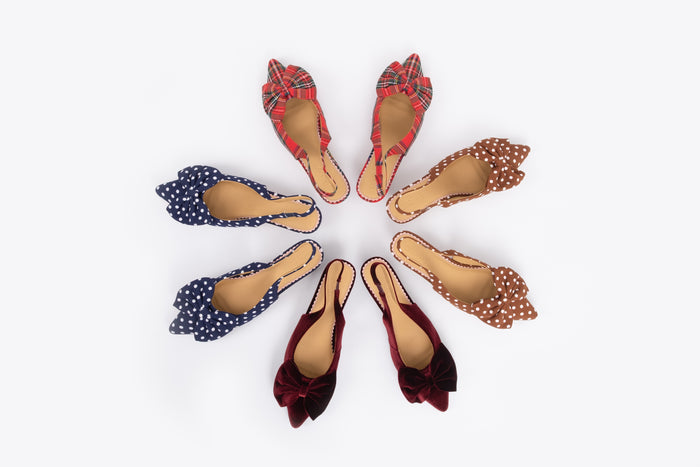 Aerial shot of womens kitten heeled bow slingback shoes in larger sizes 8 9 10 11 12