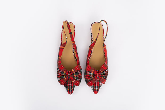 Aerial shot of womens bow pump in tartan, in larger European sizes 42 43 44 45 46