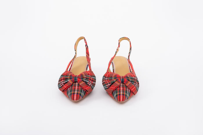 Front shot of womens tartan bow flat heeled slingback shoe in large sizes 8-12