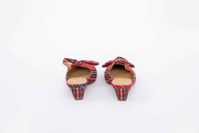 Back shot of tartan kitten heeled bow slingback shoe in larger womens sizes 8-12