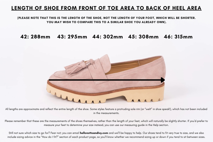 Measurement diagram displaying lengths of womens large size shoes in sizes 42,43,44,45 and 46.