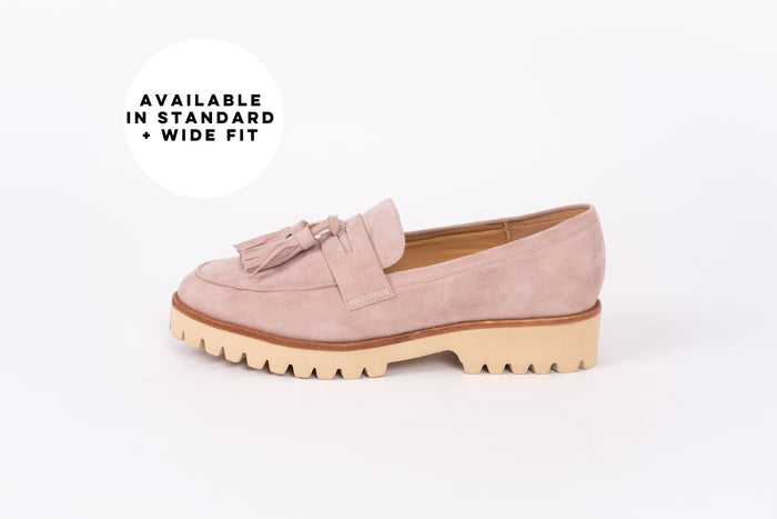 Side profile of Dorothy Loafer in blush suede. Flat womens shoe available in larger womens sizes European 42-46