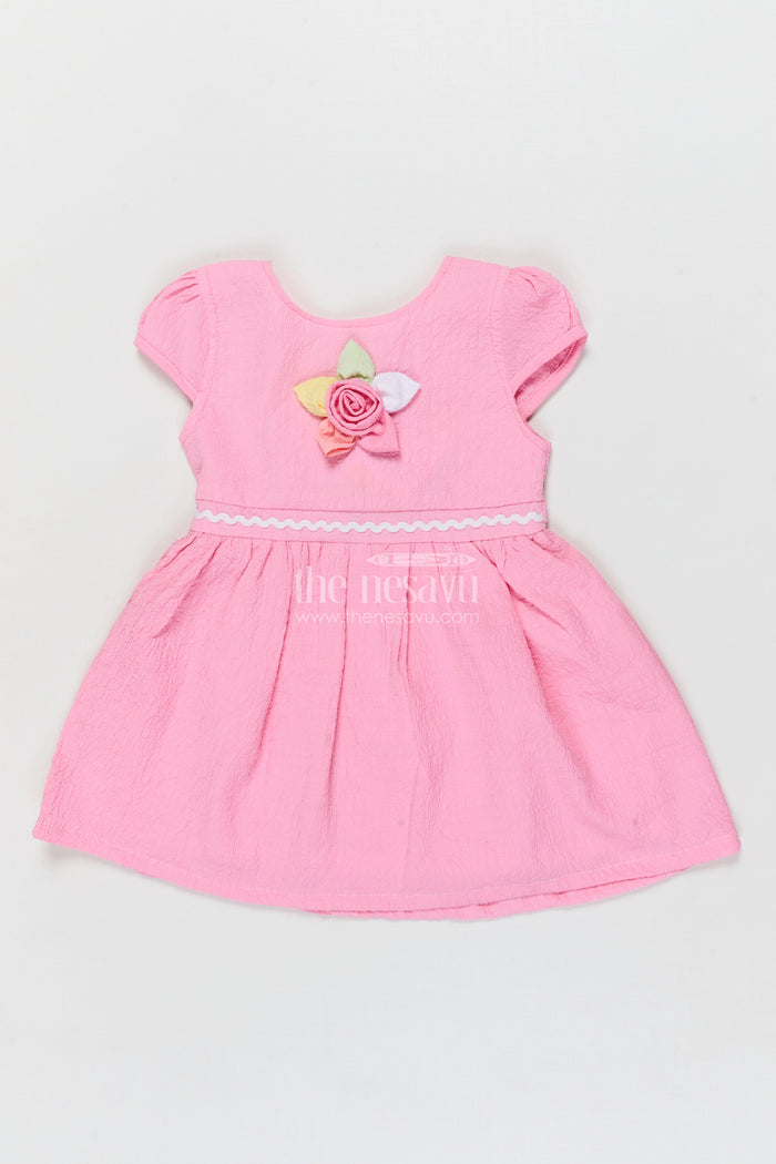 The Nesavu Girls Cotton Frock Easy-wear Cotton Frock for Baby Girls’ Playful Mornings Nesavu 14 (6M) / Pink / Cotton BFJ918D-14 Nesavu baby girl frock in crinkled cotton with floral applique and breathable puff sleeves