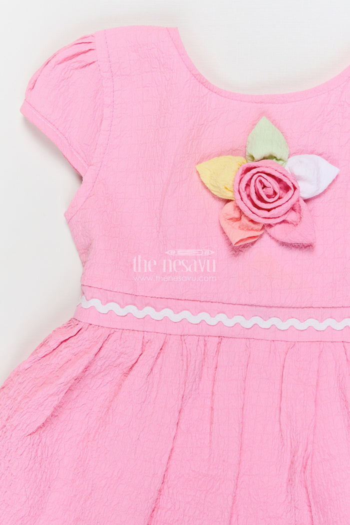 The Nesavu Girls Cotton Frock Easy-wear Cotton Frock for Baby Girls’ Playful Mornings Nesavu Nesavu baby girl frock in crinkled cotton with floral applique and breathable puff sleeves