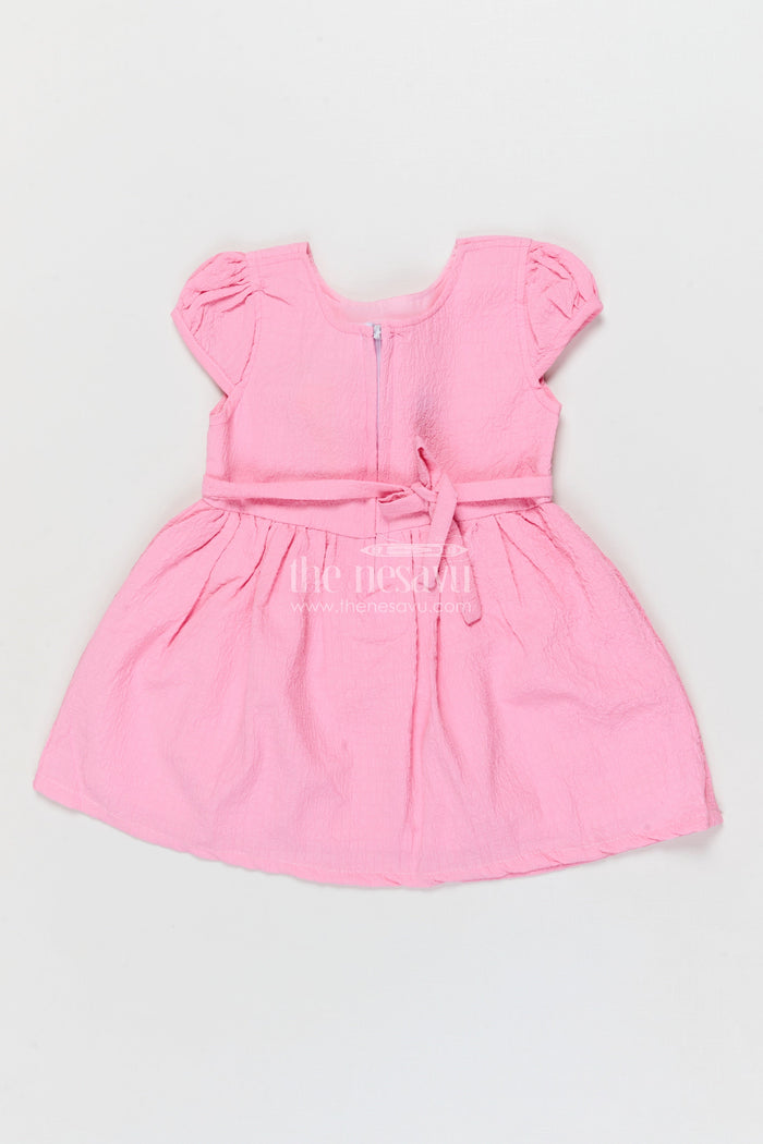 The Nesavu Girls Cotton Frock Easy-wear Cotton Frock for Baby Girls’ Playful Mornings Nesavu Nesavu baby girl frock in crinkled cotton with floral applique and breathable puff sleeves