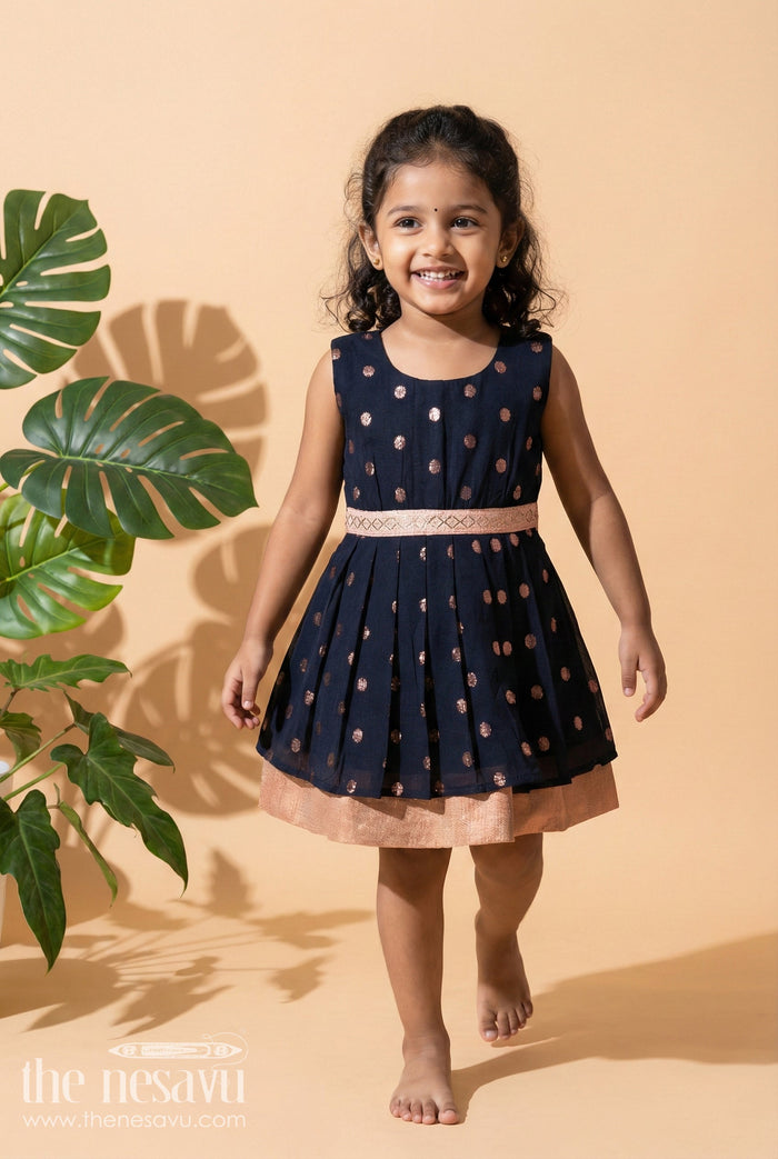 The Nesavu Girls Cotton Frock Elegant Cotton Frock for Girls with Copper Zari Polka Butti and Designer Waist Detail Nesavu 18 (2Y) / Black / Cotton GFC2079A-18 Nesavu girls cotton frock with copper zari butti and embroidered waist – festive and elegant
