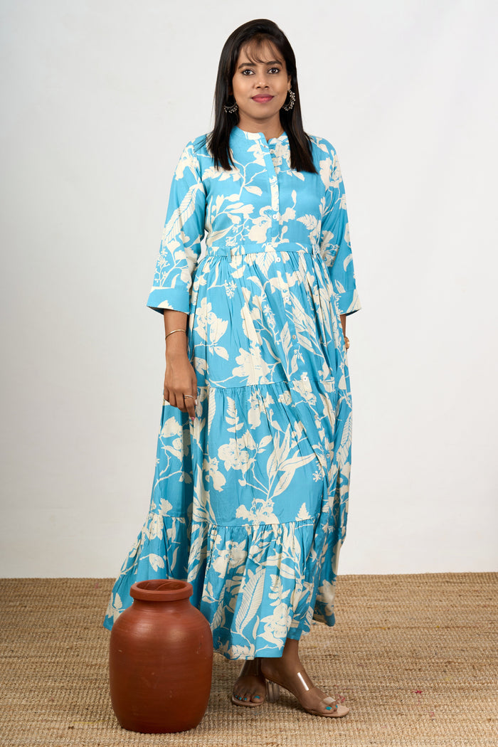 The Nesavu Womens Flared Kurthas Elegant Crepe Birthday Dresses for Women with Floral Print and Maxi Flared Design Nesavu 38 (M) / Blue WT049B-38 Crepe Birthday Dresses Women Floral Print Maxi-Length Flared Fit | The Nesavu