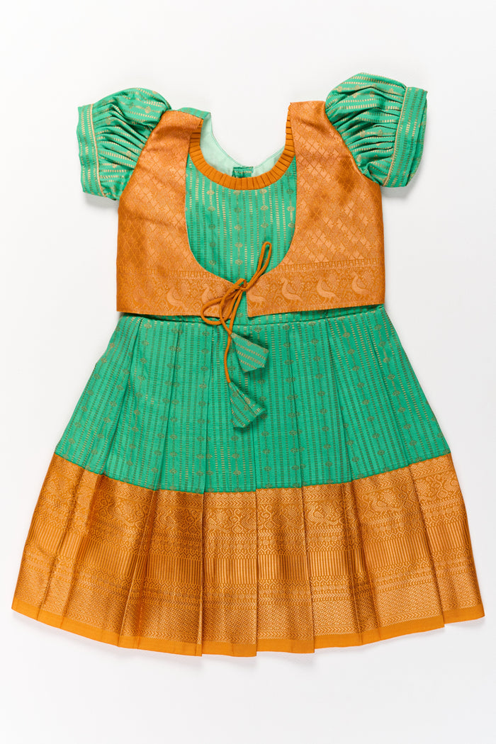 The Nesavu Girls Kanchi Silk Frock Elegant Green and Gold Pattu Full Frock for Girls with Traditional Zari Weaving Nesavu 20 (3Y) / Green / Style 2 SF820GB-20 Nesavu Elegant Green Gold Pattu Full Frock Girls Traditional Zari Weaving