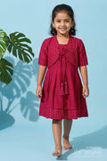 The Nesavu Girls Chanderi Frock Elegant Silk Frock with Traditional Jacket for Celebrations and Cultural Events Nesavu 20 (3Y) / Red / Viscose Silk GFC2114B-20 Nesavu ethnic silk frock with jacket for girls – ideal for weddings and festive gatherings