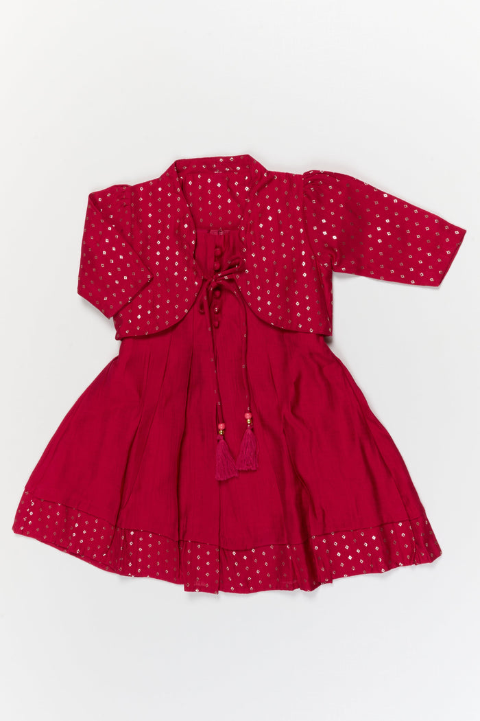 The Nesavu Girls Chanderi Frock Elegant Silk Frock with Traditional Jacket for Celebrations and Cultural Events Nesavu 20 (3Y) / Red / Viscose Silk GFC2114B-20 Nesavu ethnic silk frock with jacket for girls – ideal for weddings and festive gatherings