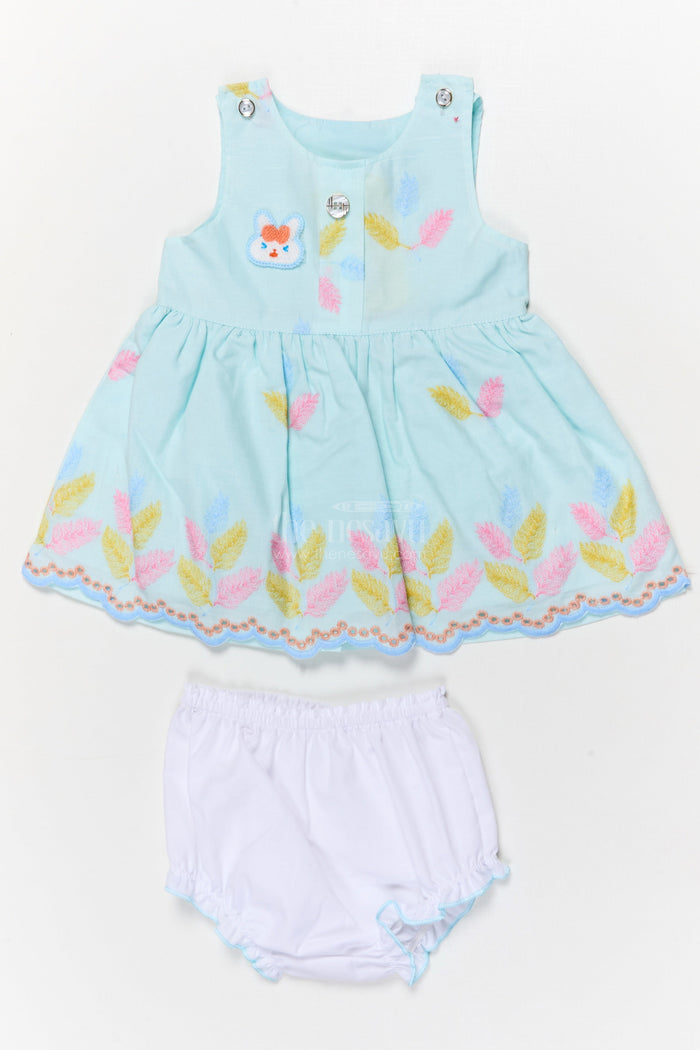 The Nesavu Baby Cotton Frocks Embroidered Baby Frock and Bloomer Set with Playful Leaf Detailing Nesavu 14 (6M) / Turquoise / Cotton Blend BFJ850F-14 Baby frock and bloomer set with multicolor leaf embroidery and character motif