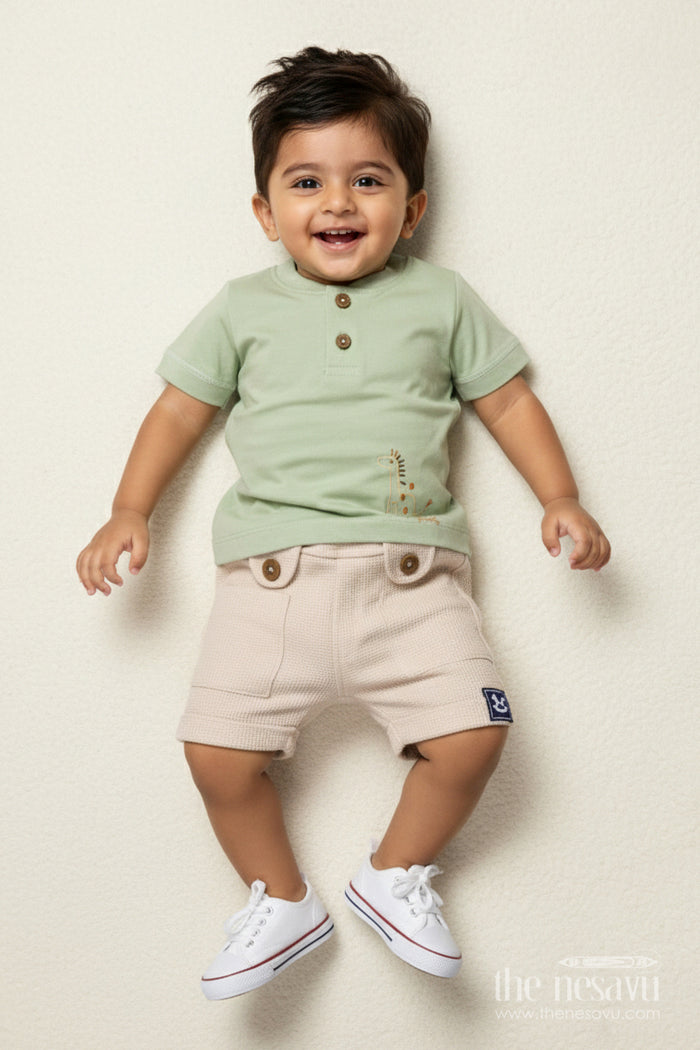 The Nesavu Boys Casual Set Embroidered Cotton Casual Set for Toddler Boys’ Daily Wear Nesavu 14 (6M) / Green BCS511B-14 Nesavu toddler boys casual cotton set thread embroidery playful everyday wear