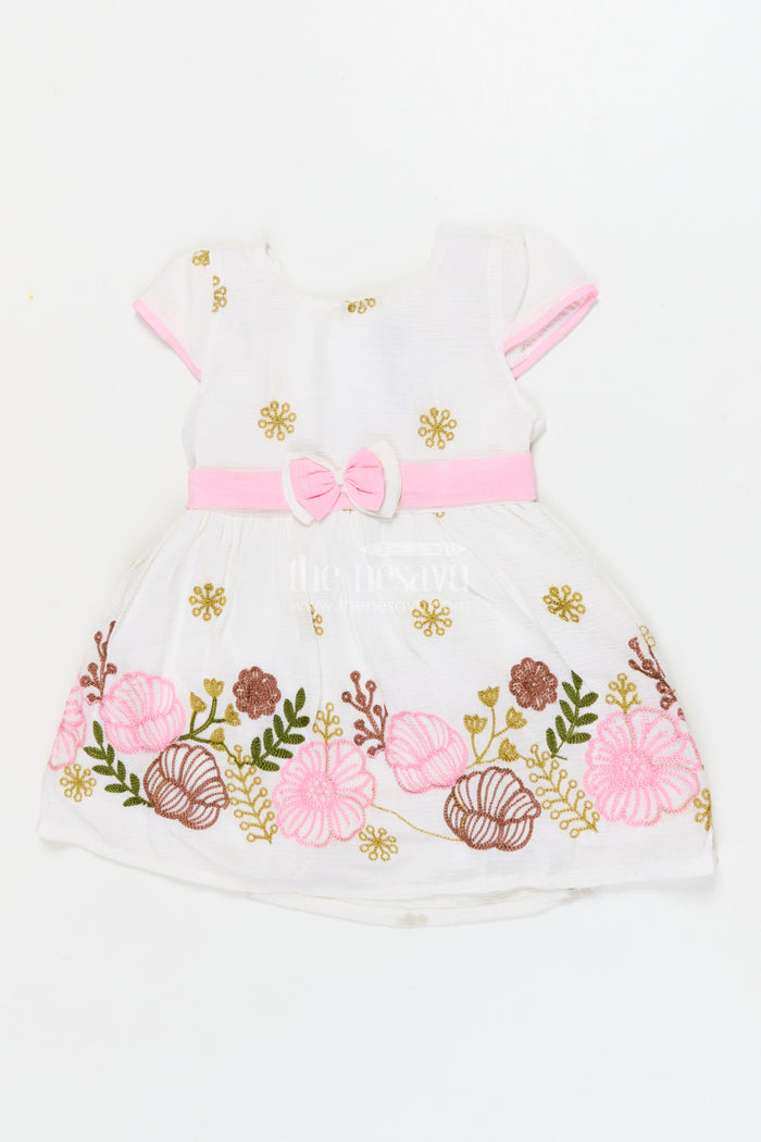The Nesavu Girls Cotton Frock Embroidered Cotton Frock for Baby Girls’ Weekend Outings Nesavu 14 (6M) / Half white / Cotton BFJ919A-14 Nesavu cotton frock for baby girls with floral embroidery and bow detail – weekend wear