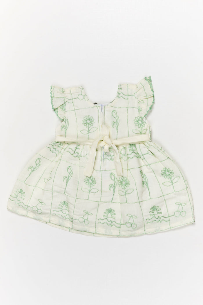 The Nesavu Baby Cotton Frocks Embroidered Cotton Frock for Baby Girls with Classic Bow Accent Nesavu Nesavu cotton blend frock with floral embroidery and ruffle sleeves for baby girls
