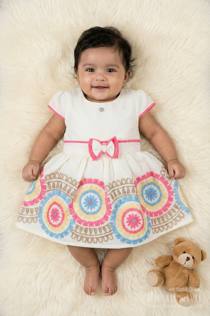The Nesavu Girls Cotton Frock Embroidered Cotton Frock for Toddler Girls' Day Outings and Events Nesavu 14 (6M) / Beige / Cotton BFJ921A-14 Nesavu toddler girl cotton frock with embroidery for birthdays and festive family outings