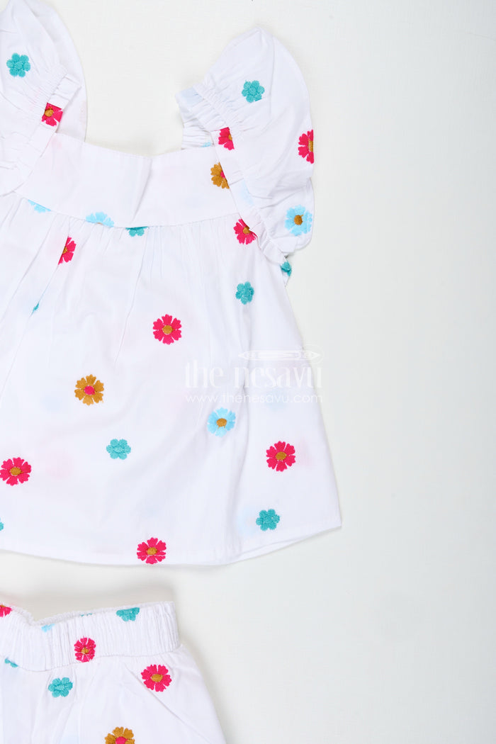 The Nesavu Girls Cotton Frock Embroidered Cotton Outfit for Baby Girls Summer Wear Nesavu Nesavu Baby Girl White Cotton Top Shorts Set Pom-Poms Colorful Thread Embroidery