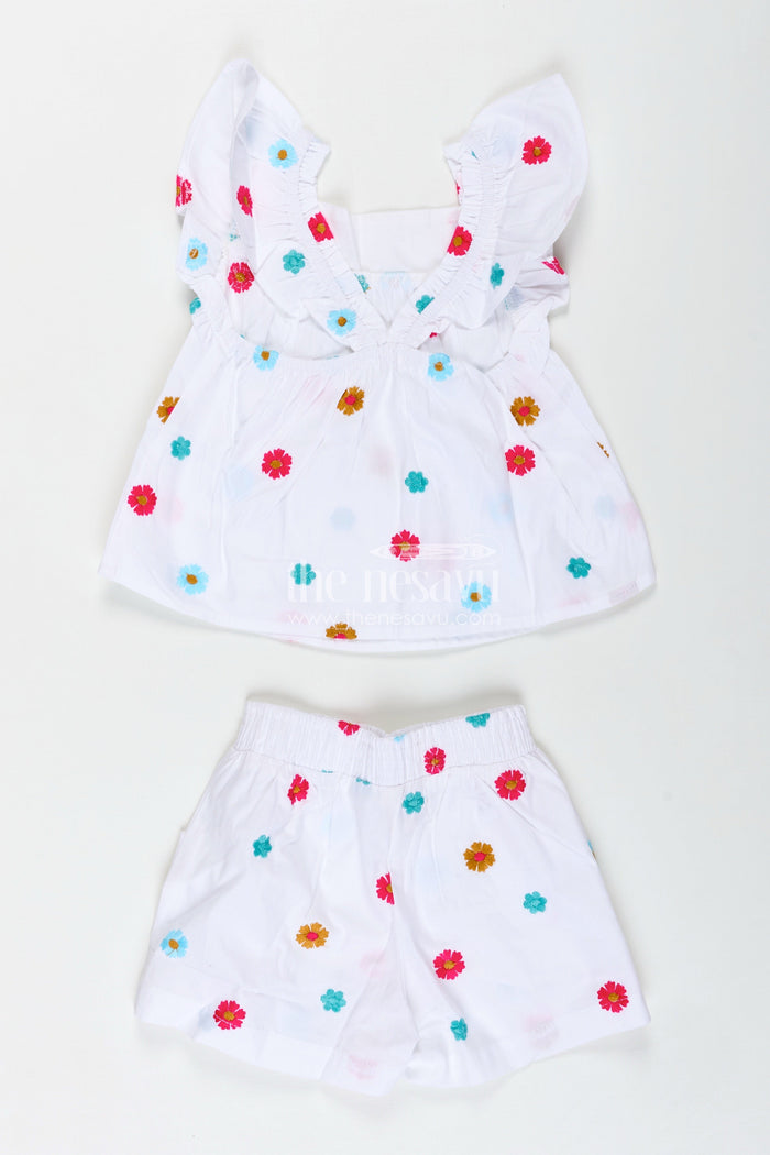 The Nesavu Girls Cotton Frock Embroidered Cotton Outfit for Baby Girls Summer Wear Nesavu Nesavu Baby Girl White Cotton Top Shorts Set Pom-Poms Colorful Thread Embroidery