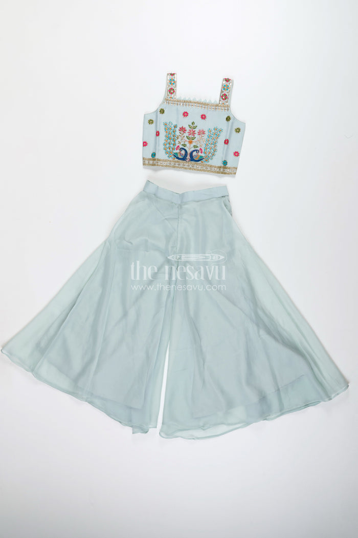 The Nesavu Girls Sharara / Plazo Set Embroidered crop top with flared plazo – peacock motif ethnic wear for girls Nesavu 26 (6Y) / Green GPS746A-26 Girls embroidered crop top plazo  ethnic peacock motif outfit