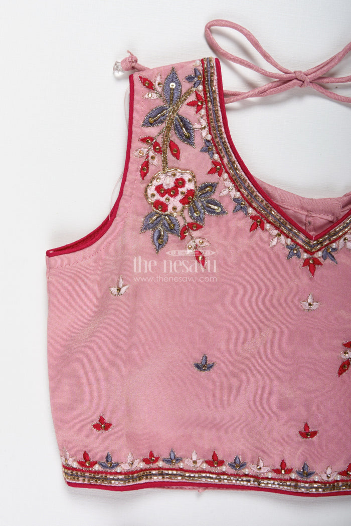 The Nesavu Girls Lehenga Choli Embroidered Lehenga Choli for Girls Birthday and Festive Occasions Nesavu Nesavu Pastel Pink Lehenga Choli Girls Shimmer Georgette Outfit Birthdays Celebrations