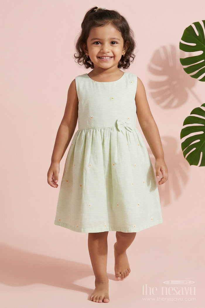 The Nesavu Girls Cotton Frock Embroidered Stripe Frock with Classic Charm for Toddlers and Little Girls Nesavu 20 (3Y) / Green / Cotton GFC2115B-20 Nesavu floral embroidered striped cotton frock – everyday elegance for girls