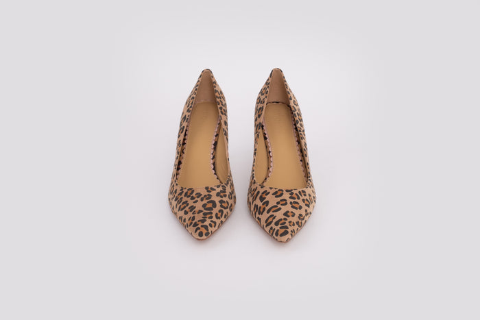 Front shot of womens Emmie court in leopard, a stiletto heel available in European larger sizes 42-46