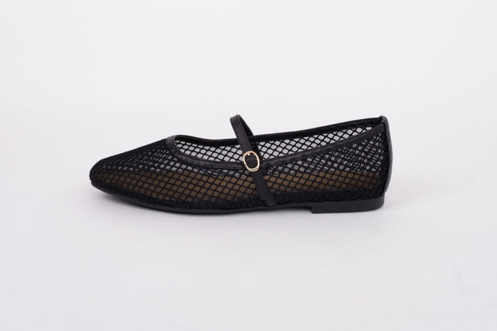 Side shot of black mesh flat Mary Jane shoe in womens larger sizes 42-46