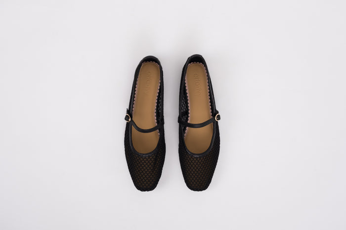 Aerial shot of black womens mesh flat womens Mary Jane shoe in large sizes 42-46