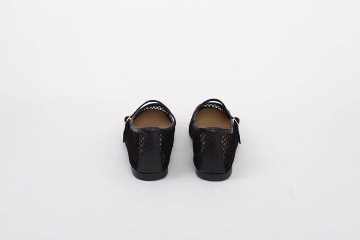 Back shot of womens black mesh Mary Jane shoe in large womens sizes
