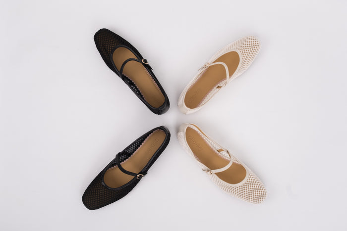 aerial shot of cream and black mesh flat Mary Jane shoes in large sizes 8-12