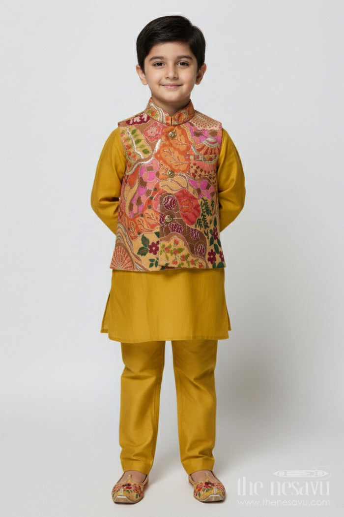 The Nesavu Boys Jacket Sets Ethnic Boys Jacket Kurta Set for Festive and Wedding Occasions Nesavu 14 (6M) / Yellow BES828C-14 Nesavu boys ethnic jacket set designer kurta Nehru jacket weddings Diwali